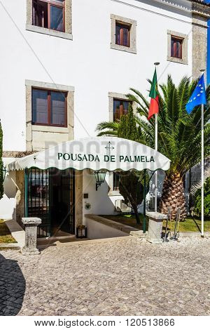 Palmela, Portugal - August 19, 2015: Pousada de Palmela, the historical luxury hotel inside the Palmela Castle.
