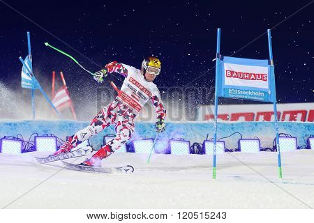 STOCKHOLM SWEDEN - FEB 23 2016: Skier Marcel Hirscher (AUT) making a spectacular landing at the FIS Alpine Ski World Cup - city event February 23 2016 Stockholm Sweden
