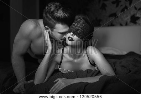 Sexy Couple Foreplay In Bedroom At Night Black And White