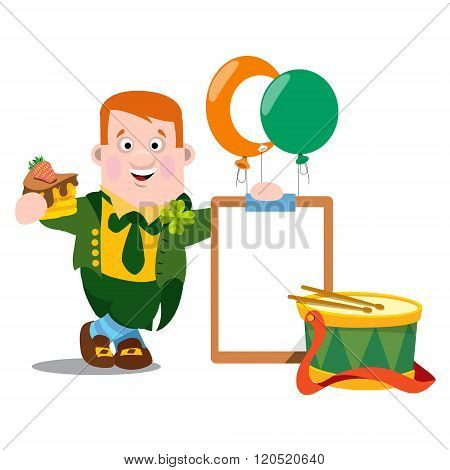 A man with a piece of cake in a green suit. The festive character in cartoon style. Congratulations