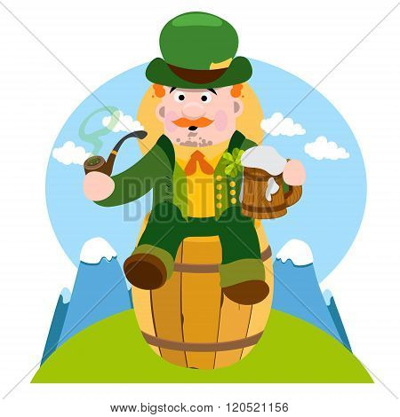 Man in the Irish pub. St. Patrick with a mug of foamy beer. The festive character in cartoon style.