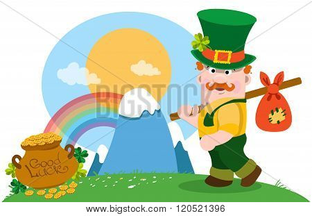 A man with a bundle on a stick and a pot of gold. The festive character in cartoon style. Congratula