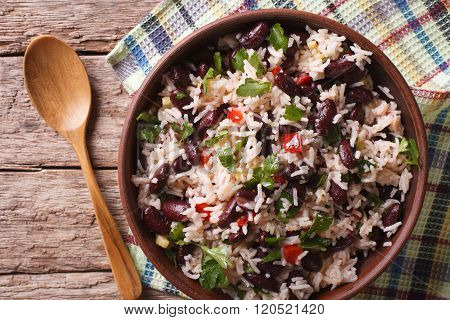 Rice With Red Beans And Vegetables In A Bowl Close-up. Horizontal Top View