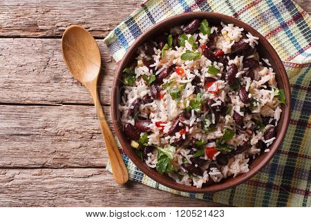 Rice With Red Beans And Vegetables In A Bowl. Horizontal Top View