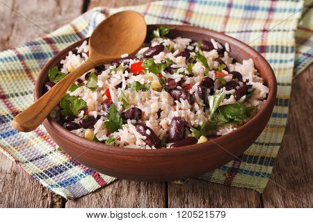 Healthy Food: Rice With Red Beans In A Bowl Close-up. Horizontal