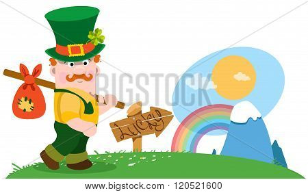 A man with a bundle on a stick. The festive character in cartoon style. Congratulations to the St. P