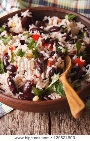 Rice With Red Beans And Coriander In A Bowl Close-up. Vertical