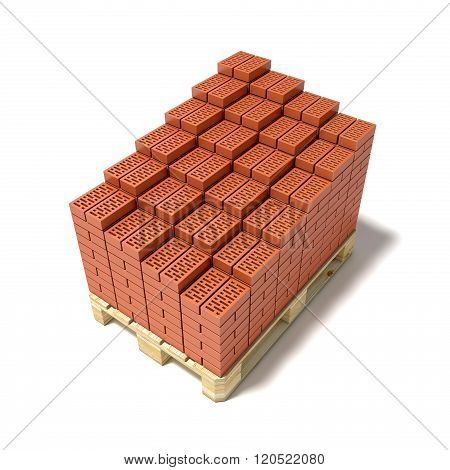 Euro pallet and cascade arranged ceramic bricks. 3D render illustration isolated on white background
