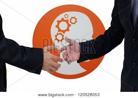 businesses concept - two businessmen shaking hands and background Mechanical gears in the head.