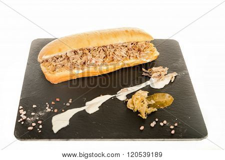 Sandwich With Meat Cutlet Pork On Granite Chopping Board Plate With Sauerkraut Cabbage Salad