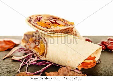 Mexican Tortilla With Bean, Beef And Tomato.