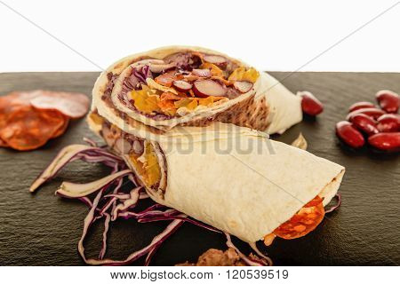 Mexican Tortilla With Bean, Beef And Tomato.