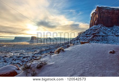 USA ,border between Utah and Arizona, Navajo Indian Reserve, the light of the down in the Monument Valley.