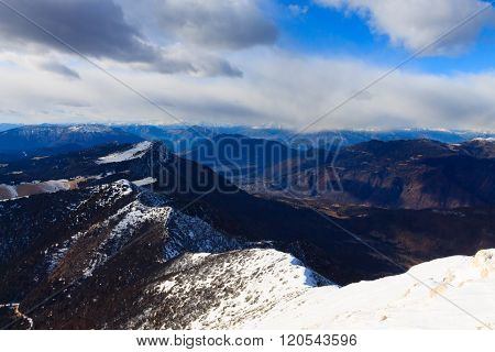 Winter panorama from Italian alps top of a mountain Cima Larici Asiago.