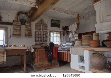 Kiev, Ukraine - October 06, 2015: Interior and utensils in the house of a peasant. National museum
