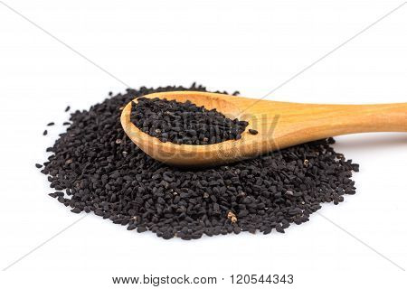 Heap Of Black Sesame On Wooden Spoon