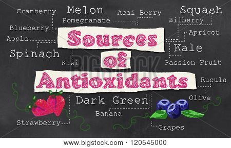 Sources Of Antioxidants With Chalk On Blackboard