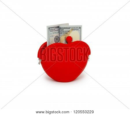 Purse With Hundred Dollar Banknote Isolated On White Background Cutout