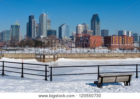 Montreal Skyline in winter from Lachine Canal.