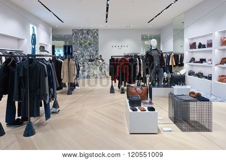SINGAPORE - NOVEMBER 08, 2015: interior of sandro store in The Shoppes at Marina Bay Sands. The Shoppes at Marina Bay Sands is one of Singapore's largest luxury shopping malls