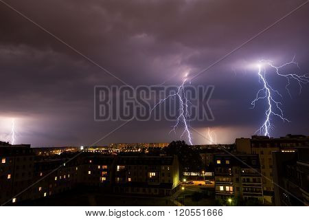 Lightning Storm Over City.