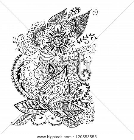 Abstract floral background in doodle or henna mehndi style. Hand drawn ink pattern made by trace from personal sketch. Abstract background cover for bag notebook.