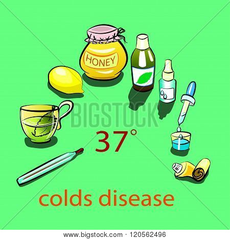 illustration of herbal tea lemon thermometer honey medicine cough syrup drops for the nose and ointment in a tube for colds.