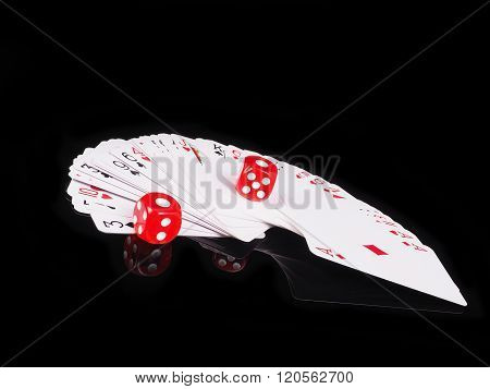 Dice, Cards On A Black Background. Concept Of Gambling