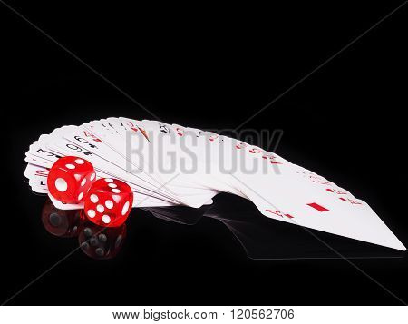 Dice, Cards On A Black Background. Concept Of Gambling