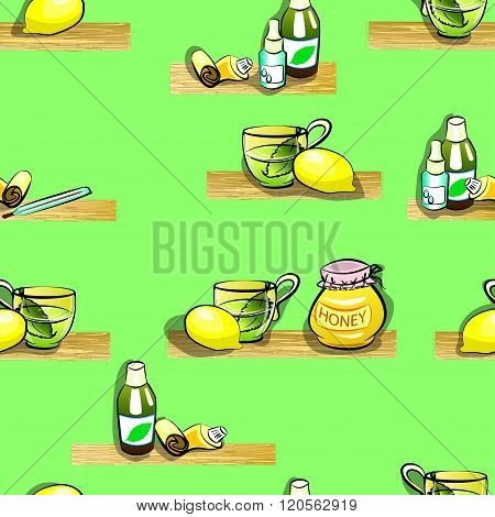 illustration of herbal tea lemon thermometer honey medicine cough syrup and ointment in a tube . for colds. Seamless pattern.