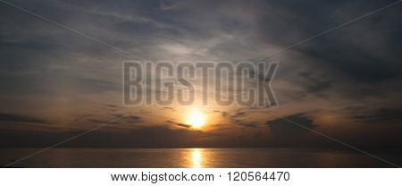 Sunset or Sundown on Sea.Bright sun on sky.