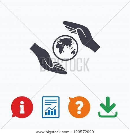 Worldwide insurance sign. Hands protect cover.