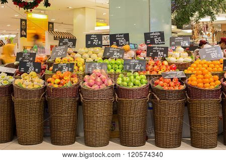 BANGKOK THAILAND - NOVEMBER 19 2013 : Selection fruits in a supermarket Siam Paragon in Bangkok Thailand. Siam Paragon is a one of the biggest shopping centres in Asia.