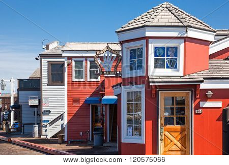 Santa Barbara, U.S.A. - June 1, 2011: Traditional colored houses in the Stearns Wharf on the sea front