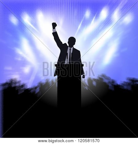 On the image is presented greeting the winner, active public on the background of the spotlights