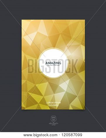 Brochure design flyer cover booklet and report layout template with yellow golden polygonal background. Vector illustration.