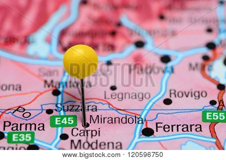 Mirandola pinned on a map of Italy