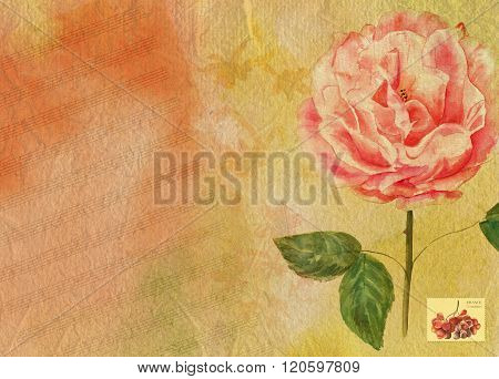 Bright watercolor background texture with sheet music, a Victorian rose and a place for text, with a postage stamp with grapes that says 'France, 5 centimes' (former French currency)