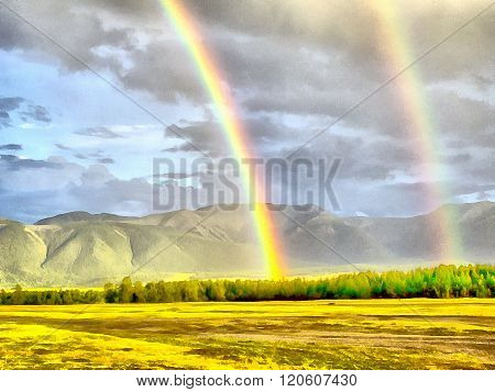 illustration of double rainbow after the rain in the mountains