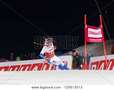 STOCKHOLM SWEDEN - FEB 23 2016: Frida Hansdotter (SWE) skiing at the Audis FIS Alpine Ski World Cup city event February 23 2016 Stockholm Sweden
