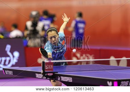 KUALA LUMPUR, MALAYSIA - MARCH 01, 2016: Li Xiaoxia of China plays return shot in her match in the Perfect 2016 World Team Table-tennis Championships held in Kuala Lumpur, Malaysia.