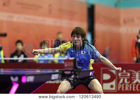 KUALA LUMPUR, MALAYSIA - MARCH 01, 2016: Kenta Matsudiara of Japan plays a return in his match in the Perfect 2016 World Team Table-tennis Championships held in Kuala Lumpur, Malaysia.
