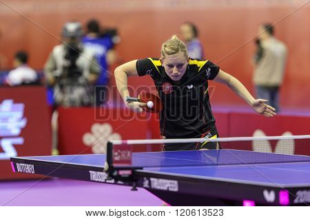 KUALA LUMPUR, MALAYSIA - MARCH 01, 2016: Galia Dvorak of Spain plays return shot in her match in the Perfect 2016 World Team Table-tennis Championships held in Kuala Lumpur, Malaysia.