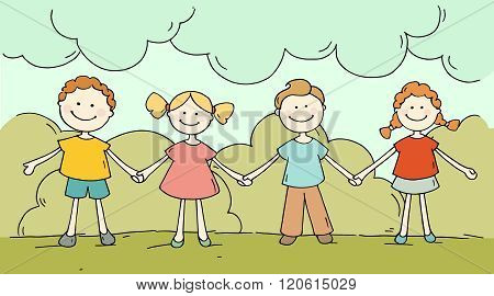 Cute happy kids standing together. Doodle cartoon boys and girls holding hands and smiling. Hand drawn summer vector illustration isolated on white background.