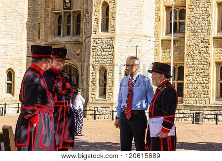 LONDON UK - JUNE 6 2015 Yeomen Warders of Tower of London (Beefeaters) in everyday undress uniform. Beefeaters are ceremonial guardians of the Tower of London.