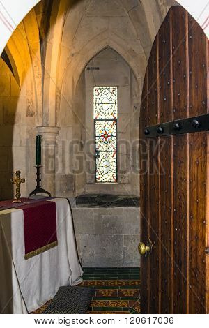 LONDON UK - JUNE 6 2015:The prayer room at recreation of Edward I's bedchamber in St Thomas's Tower. Tower of London
