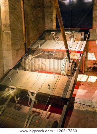 LONDON UK - JUNE 6 2015: Copy of reared instruments of torture in the basement of the tower Wakefield at Tower of London. The Wakefield Tower was built by King Henry III between 1238 - 1272