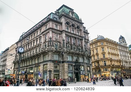 People Are Walking On The Stephansplatz Square In Vienna, Austria