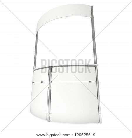 Stall or Kiosk Modern Reception Desk. Trade show booth white and blank. 3d render illustration isolated on white background. Template mockup for your expo design.