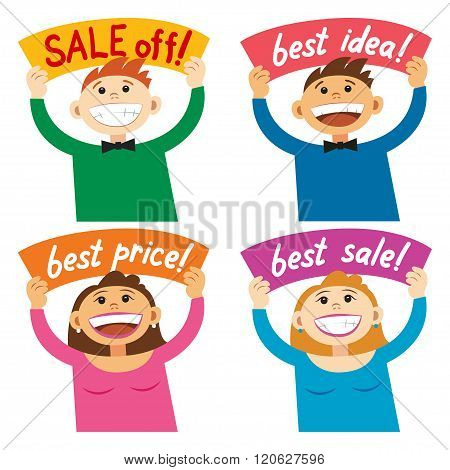 Funny Cartoon People Holding Sign Sale Off, Best Price Smiling Happy People, With Poster Signboard.